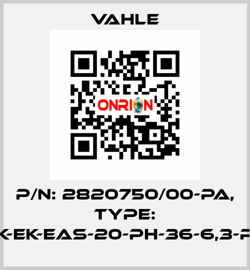 P/n: 2820750/00-PA, Type: SK-EK-EAS-20-PH-36-6,3-PA Vahle