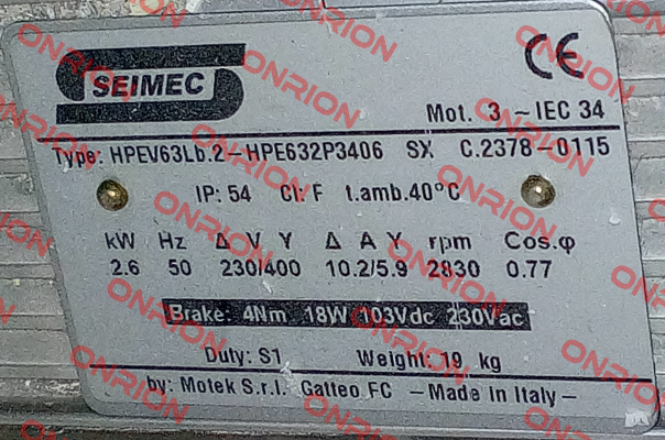 HPE632P3406 , HPEV 63LB 2.6kW 2P 230/400V-50Hz B34 F0 SX IP54  Seimec (Rossi)