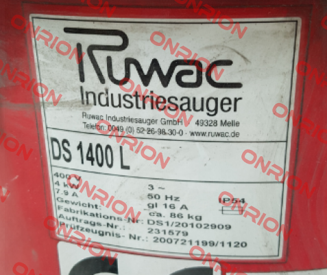 top cover for Ds 1400 L  Ruwac